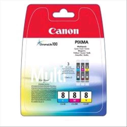 CANON MULTIPACK CLI-8 CMY PACK CARTUCCE CIANO+MAGENTA+GIALLO IN BLISTER CON ALLARME PER STAMPANTI INK JET CANON 420PG (0621B026)