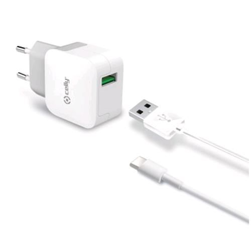 CELLY CARICABATTERIE DA RETE 1 x USB 2.4A 12 W + CAVO DA USB-A A USB-C COLORE GRIGIO/BIANCO