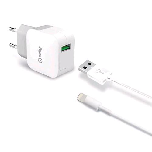 CELLY TCUSBLIGHT CARICABATTERIE DA RETE 1xUSB 2.4A CON CAVO USB/LIGHTNING COLORE BIANCO